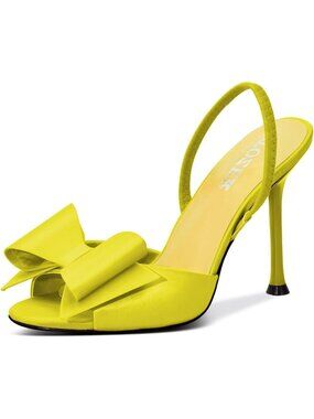 Women's Yellow Comfortable Open Toe Mules Bow Stiletto Sexy Slingback High Heels